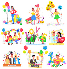 Set of photozones, accessorize, frames and decorations for different events like wedding or birthday party. Smiling people posing for photoes with balloons vector. Birthday, wedding or festival photo