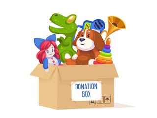 Donation cardboard box. Volunteer community support poor families and orphans, kids toys and games in container, help for children cartoon isolated on white background concept