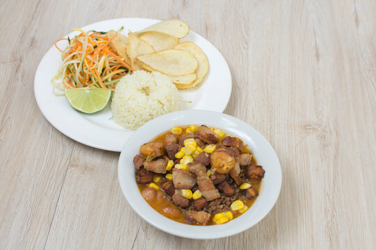 Typical Antioqueño Lunch, Beans, Rice, Ground Beef And Salad