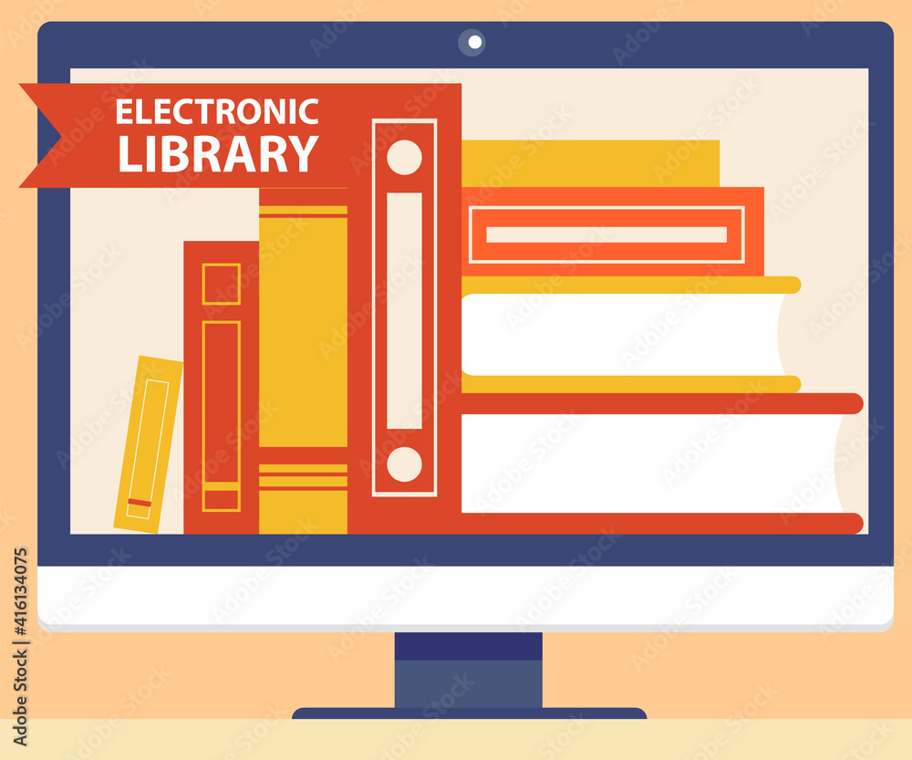 Aufkleber digital electronic library, online book store concept with pile of books on monitor screen. e-book m