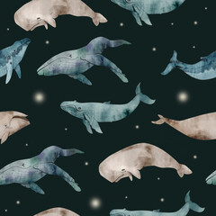 Seamless pattern with watercolor whales