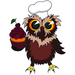Owl pastry chef with a cake. Vector graphics.