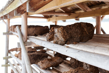 Chunks of peat piled up for drying on shelves of wooden structure. Peat production