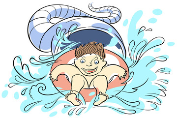 A joyful boy goes down the slide in the water park. Splashes of water fly in all directions. The child is a little scared.