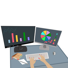 Data analysis - female hands on the keyboard, two computers, diagrams - vector. Business Technology