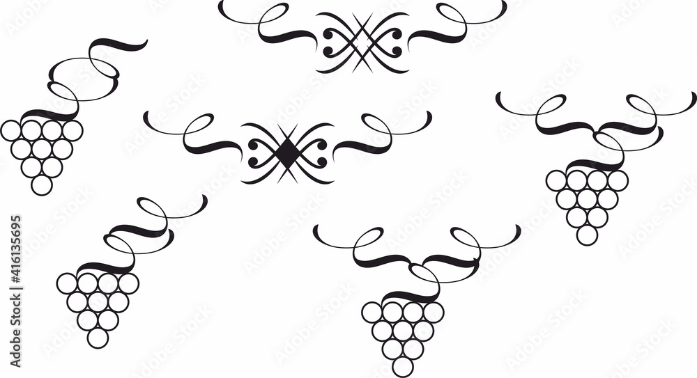 Poster grape wine brunch decorative element and text breaks and dividers set