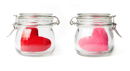 Red and pink hearts in the jars