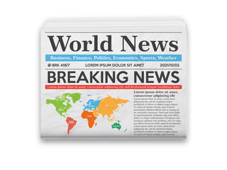 Daily newspaper journal design template with editable headlines quotes text articles and color images. Horizontal folded newspaper layout.