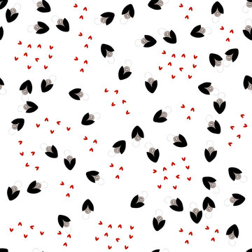 Simple minimalist floral seamless pattern. Abstract vector background with small scattered flowers, tiny hearts, hand drawn elements. Modern minimal texture. Doodle style. Black, white, gray, red 