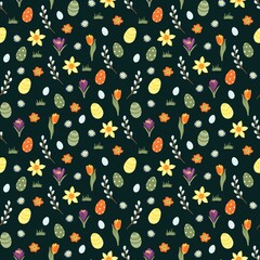Cute Easter seamless pattern with spring flowers and eggs