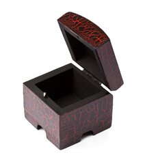 Handmade open black and red wooden box, isolated on white.