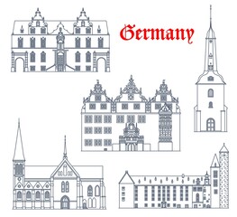 Germany landmarks architecture, German city vector icons of cathedrals and churches buildings in Schleswig Holstein. Meldorf cathedral and Glueckstadt kirche church, Muenden rathaus and castle