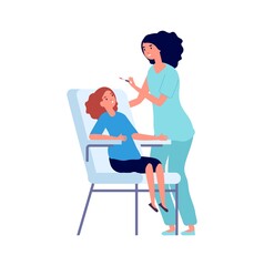 Vaccination time. Children vaccinate, doctor pediatric and little girl. Cartoon flat medical characters, healthcare and treatment vector illustration. Doctor and vaccine, immunization for health