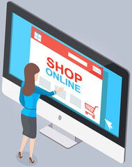 Online shopping concept. Business woman standing with near computer monitor chooses products. Girl selects products on touchscreen, clicks buttons on website of online store application in internet