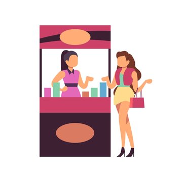 Sexy girl on shopping. Woman on trade expo, advertising of goods. Seller and customer, cartoon street stall vector illustration. Girl in street boutique, seller offer