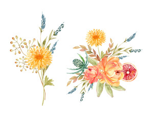 set of delicate bouquets with yellow flowers watercolor illustration on white background, hand painted