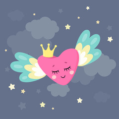 Cute magical heart with wings and crown in little princess theme. Vector hand drawn illustration. Great for kids party, greeting cards, invitation, print for apparel