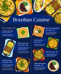 Brazilian cuisine vector menu template avocado strawberry salad, corn chowder and black bean stew feijoada. Beef stew picadinho de carne, shrimp soup, seafood stew moqueca and chicken rice soup meals