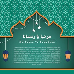 marhaban ya ramadhan greeting and text poster design with islamic ornament. good for social media post, banner, greeting card, etc