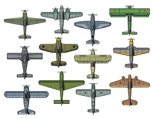 Retro military and civil airplanes isolated vector set. Air force vintage fighter, bomber and transport aircraft. Old monoplane and biplane propeller aeroplanes, army and passenger aviation airplanes © Vector Tradition