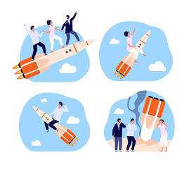 Fototapeta na wymiar Business startup. Bankruptcy characters, rocket launch strategy. Corporate teamwork, team fail and success start up vector metaphors. Illustration rocket launch startup, businessman team bankruptcy
