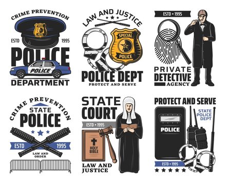 Law and order, court jurisprudence icons. Judge or lawyer in wig, detective with magnifying glass and police gear vector. Police department, private detective and crime prevention, state court badges
