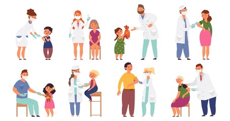 People vaccination. Flat sick child, vaccinations from flu virus. Cartoon doctor, hospital worker and young pediatrician vector characters. Illustration prevention vaccination flu, vaccine injection