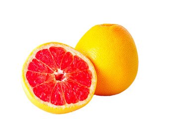 Whole grapefruit and red juicy grapefruit cut in half isolated on white