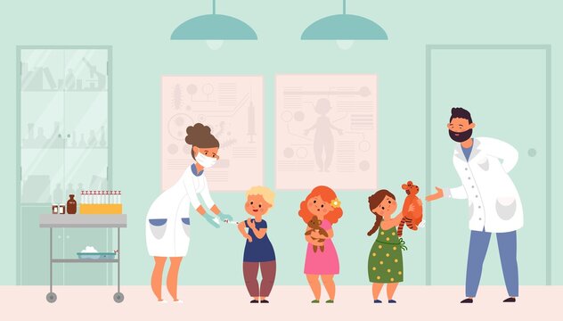 Children Vaccination. Flat Sick Child, Vaccinations Flu Or Viruses. Hospital Doctors, Pediatrician And Kids Vaccinate Vector Illustration. Vaccination Child Virus, Boy And Girl Queue For Injection