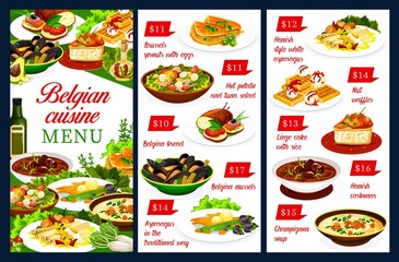Belgian cuisine restaurant menu vector template of meat and seafood dishes with waffle dessert. Potato salad, Flemish asparagus and mussels, beef beer stew carbonnade, rice cake and cream soup