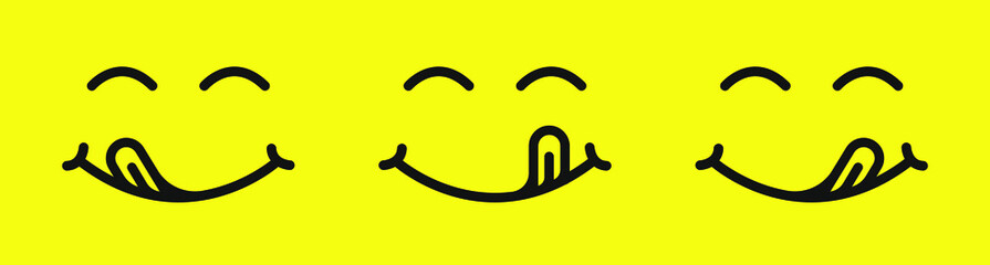 Set of yummy smile cartoon line emoticon with tongue lick mouth. Delicious tasty food eating emoji face on yellow background.