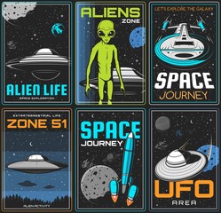Alien zone, UFO space journey retro posters. Extraterrestrial civilization life spacecrafts, alien green humanoid with big eyes and flying saucer in outer space vector. UFO activity area banner © Vector Tradition