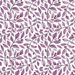 Purple watercolor pattern on a white background. Hand drawing of branches, leaves, berries. Seamless background, floral wallpaper, postcard design