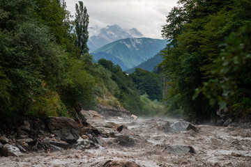 Flooded river in the mountain valley