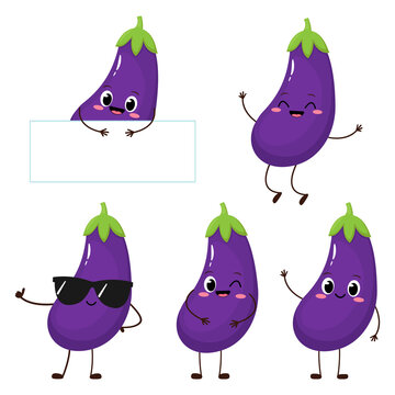 Cute Happy Eggplant Cartoon Emoji Set