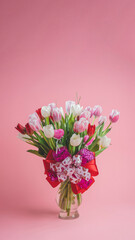 Bouquet of tulips centered on a dark pink coral background - wallpaper (vertical format for social media stories)