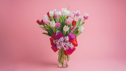 Bouquet of tulips centered on a dark pink coral background - wallpaper (widescreen 16x9)