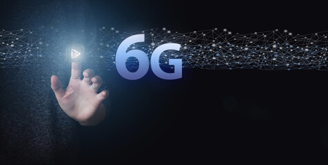 Hand Touch 6G network digital hologram and internet of things. 6G network wireless systems. 6G New generation telecommunication fast internet and technology concept on virtual screen.