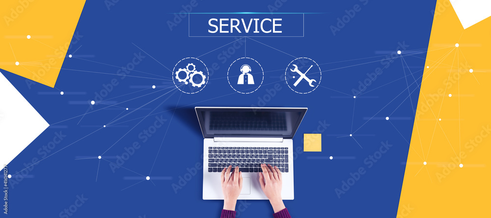 Poster woman working in computer and service text