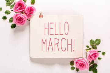 Hello March message with roses and leaves top view flat lay © Tierney
