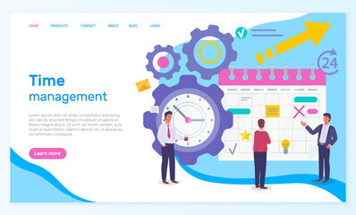 Time management, organizing effective time, website concept, planning dates, business meetings, businessmen near calendar with notes, clock, productive time, productivity, workers control deadlines