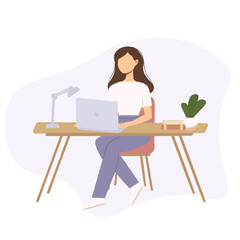 Woman working at desk and laptop, home office concept, freelancer, student. Vector flat illustration