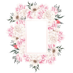 Watercolor frame with flowers and leaf, isolated on white background