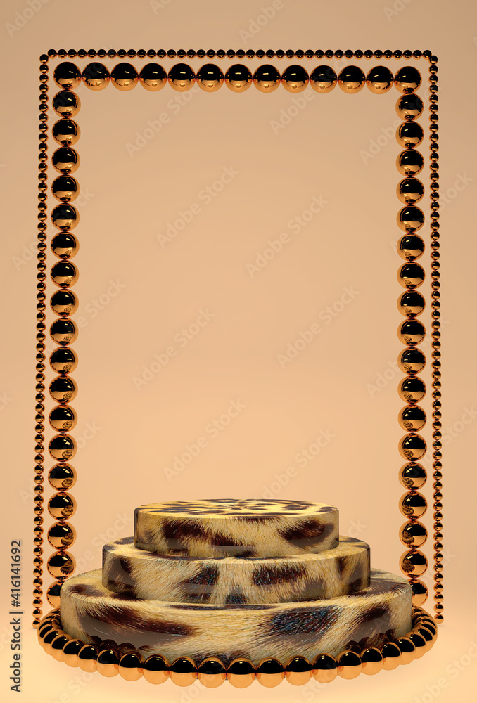 Poster minimal vertical 3d scene with geometric forms. leopard print podium on beige pastel background. sce