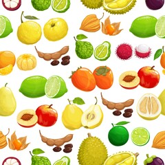 Fruits tropical pattern background, seamless fruit harvest, vector. Exotic fruits background of tropic durian, tamarind and peach, physalis, lime and bergamot, lychee and tangerine seamless pattern