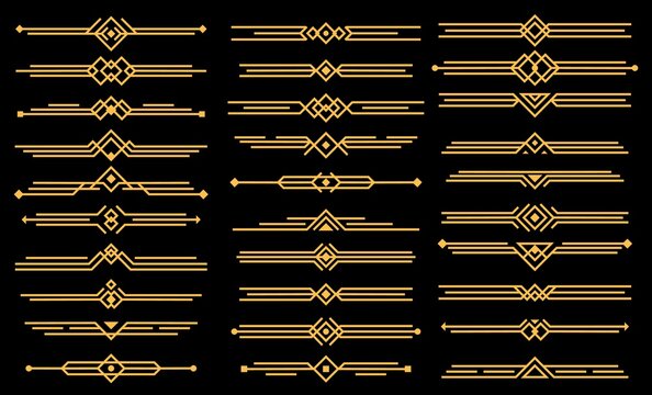 Art deco vector elements dividers or headers. Decorative line borders or frames in geometric victorian style, elegant vintage design, antique bordering symbols isolated on black background, icons set