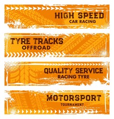 Tire tracks, car truck wheels and road speed races, vector service center web banners. Motorcycle rally or offroad racing tournament auto service center, tyre tracks and halftone yellow orange prints
