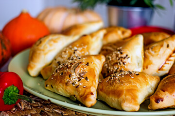 Samsa oriental Uzbek puff pastry pies with meat and pumpkin on a plate on the table, close-up. Triangular pies with sesame seeds, national authentic pastries