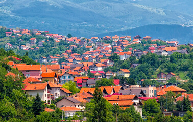 Hillside covered with ref roof houses, Sarajevo, Bosnia and Herzegovina