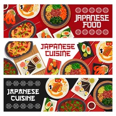 Japanese cuisine vector gunkun sushi with cucumber or caviar, vegetable beef stew or chicken shiitake salad. Fried perch with soy sauce, spicy shrimps and prawn avocado temaki sushi Japan food banners